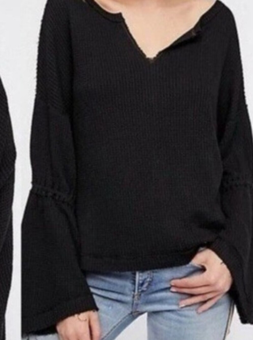 We The Free Black V-Neck Waffle Knit Longsleeve